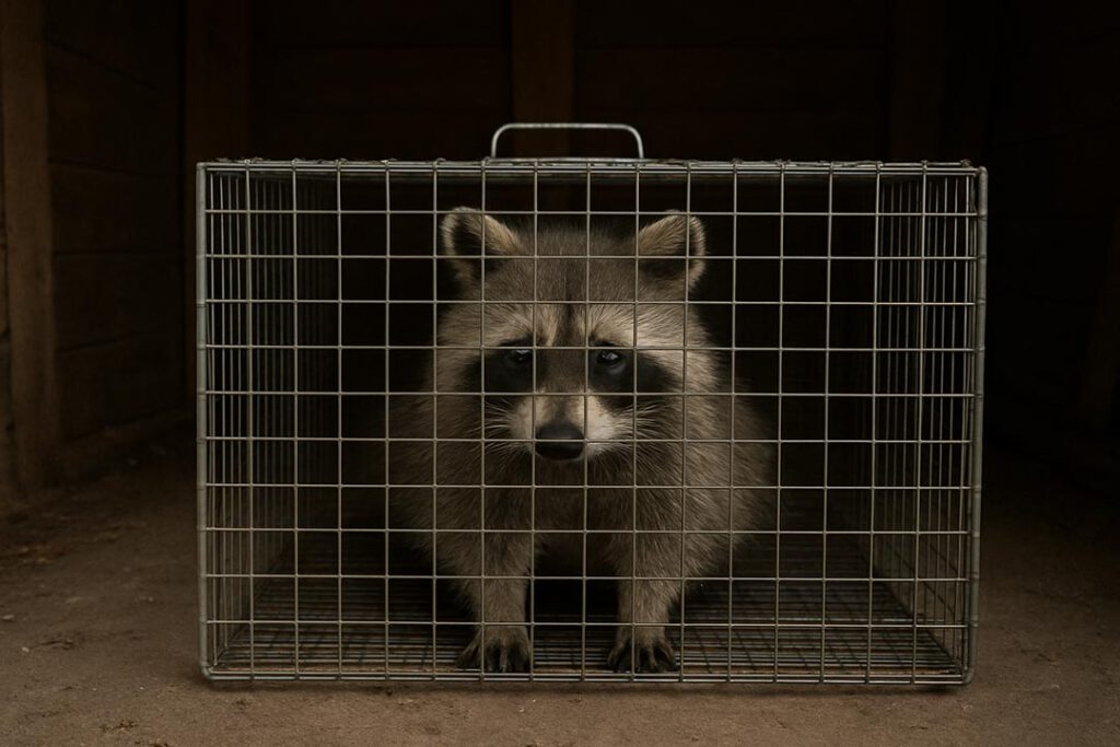 Ein Waschbär, der in einer Lebendfalle sitzt.