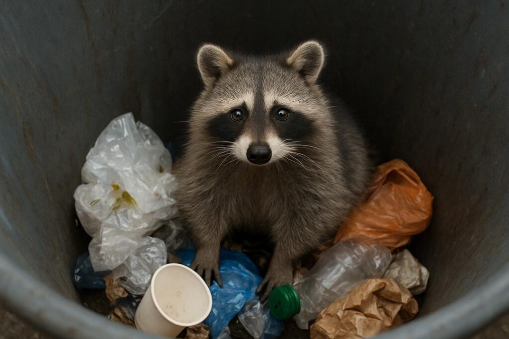 Ein Waschbär, der in einer Mülltonne sitzt.